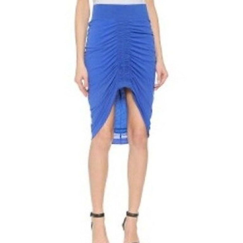 Helmut Lang Blue Viscose Filmed Ruched Front Midi Skirt M‎